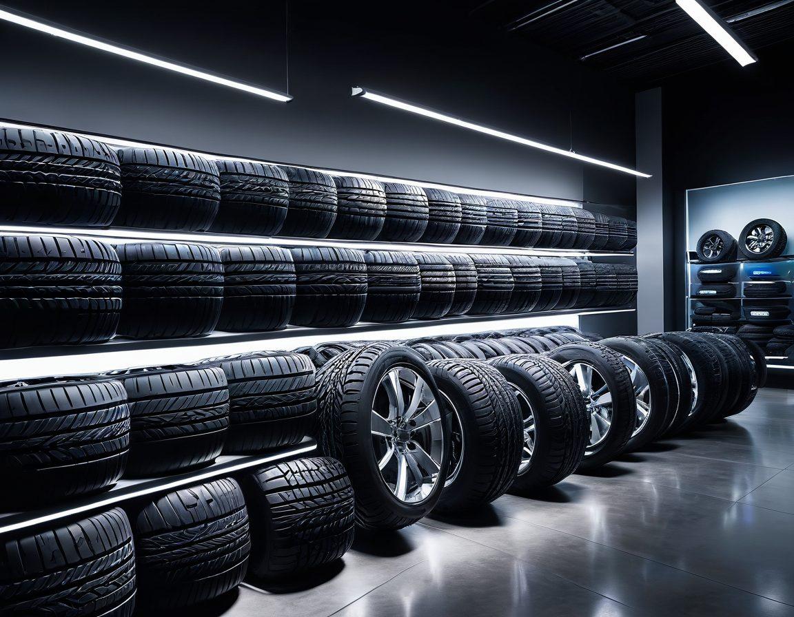 A close-up of a well-designed tire showroom with various Weldon tires displayed, highlighting the differences in tread patterns and rubber quality. Include a diverse group of customers examining the tires, while a knowledgeable salesperson demonstrates the technology behind the tires. Soft, ambient lighting to create an inviting atmosphere. 3D visualization. vibrant colors.