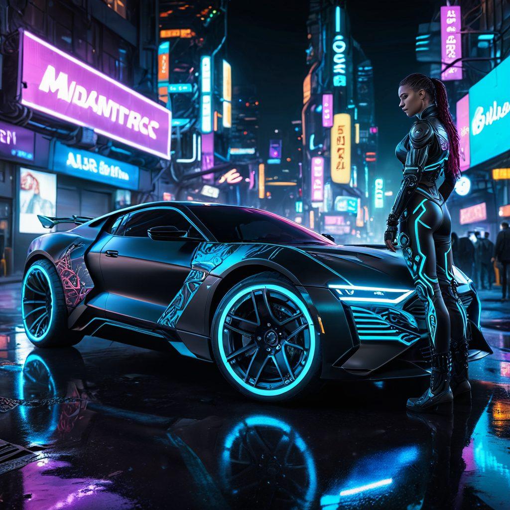 A high-tech tire floating in a futuristic landscape, showcasing intricate designs with glowing elements that represent innovation. Include a mechanic inspecting the tire, surrounded by holographic maintenance tips and digital evaluations. The background should feature sleek cars and urban settings, emphasizing a forward-looking approach. vibrant colors. super-realistic. cyberpunk.