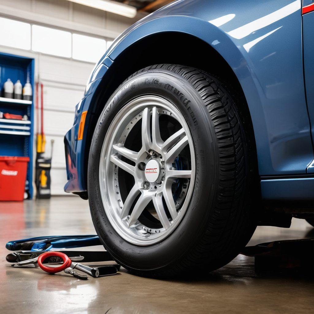 A close-up of a well-maintained tire surrounded by essential tools like a pressure gauge, tire iron, and oil can. The background should depict a garage setting with bright lights and neatly organized tools to emphasize maintenance. Include a tire tread pattern in the foreground to highlight performance. The image should convey a sense of care and professionalism. super-realistic. vibrant colors. garage background.